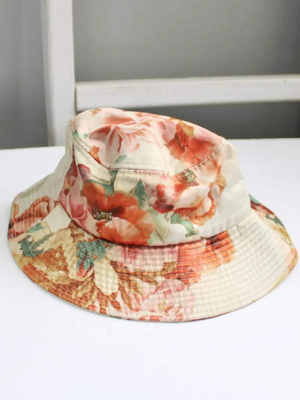 Wyeth x Antrhopologie Lani Floral Bucket Hat with Ties Cream Pink Orange